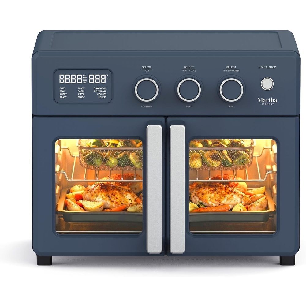 image:imageMartha Stewart French Door Air Fryer Toaster Oven Combo 34QT Countertop Convection 12in1 Bake Broil Roast Fits 12 PizzaDehydrate5 Accessories Air Fry Basket Stainless Steel Indigo BlueIndigo Blue